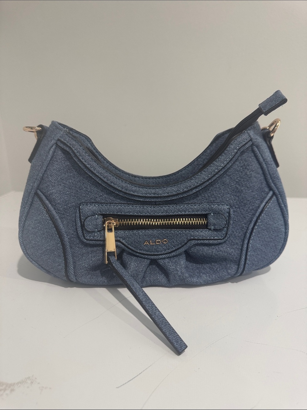 ALDO Denim Blue Crescent Shoulder Bag with Gold Hardware